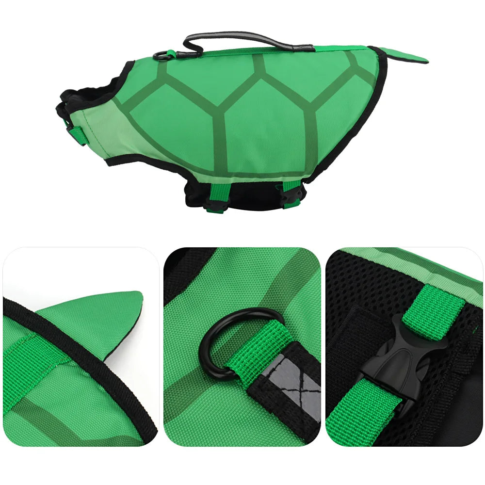 Green Turtle Canine Life Jacket - Durable Dog Swim Vest with Rescue Handle, US Coast Guard Approved