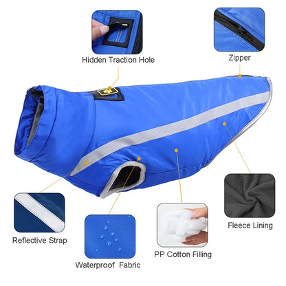 Warm Dog Jacket for Large Dogs Waterproof Winter Coat Padded Fleece Pet Coat Safety Reflective Design Dog Clothing
