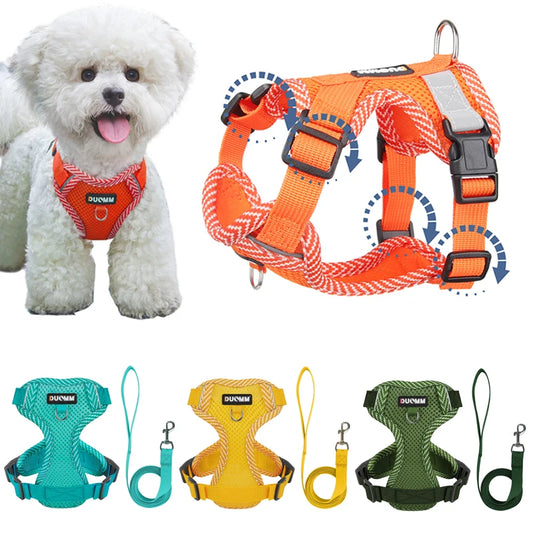 Dog Leash Harness Set for Small Dogs, Secure Fit 4-point Adjustment, Reflective All-Season Breathable Mesh Vest