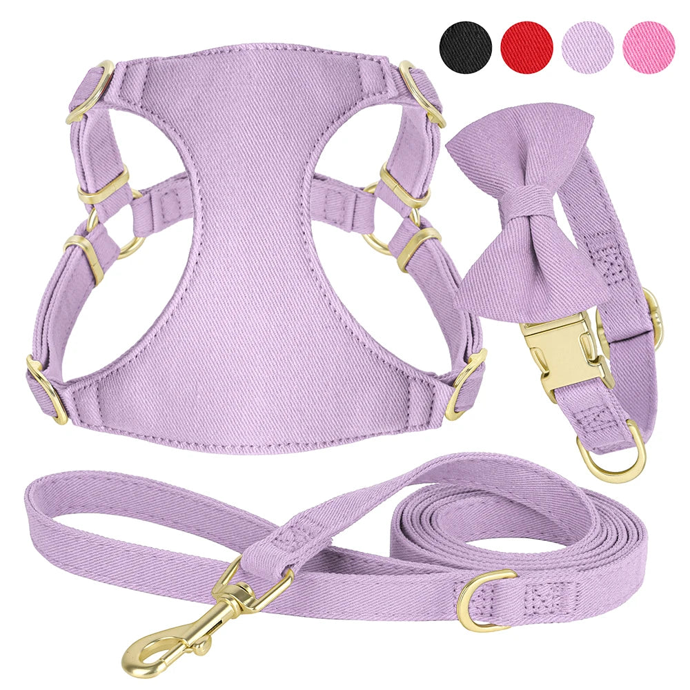 Dog Harness Collar and Leash Set with Bowtie for Small Medium Dogs, Adjustable & Cute Pet Vest Harness