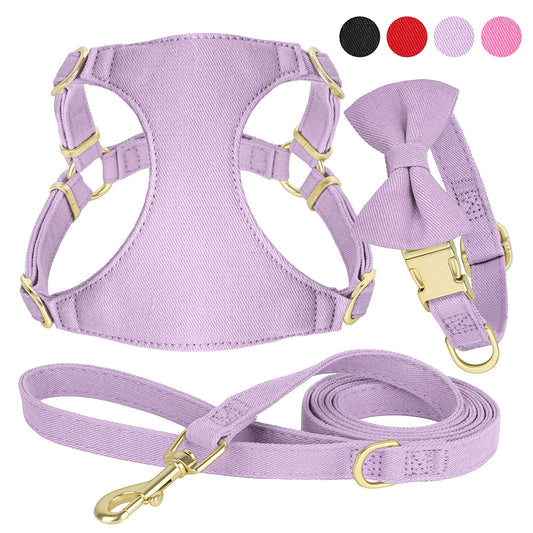 Dog Harness Collar and Leash Set with Bowtie for Small Medium Dogs, Adjustable & Cute Pet Vest Harness