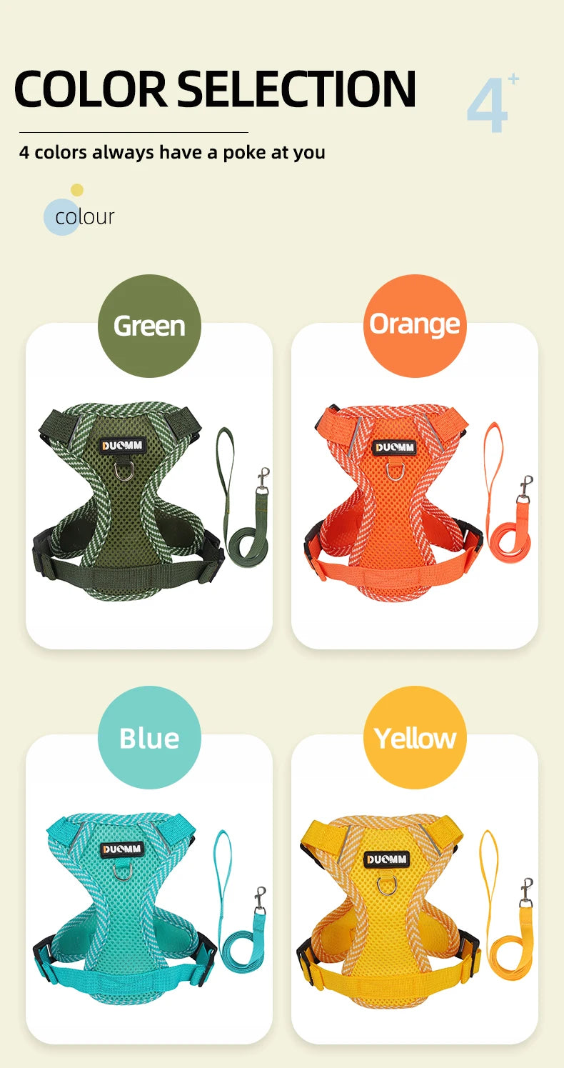 Dog Leash Harness Set for Small Dogs, Secure Fit 4-point Adjustment, Reflective All-Season Breathable Mesh Vest