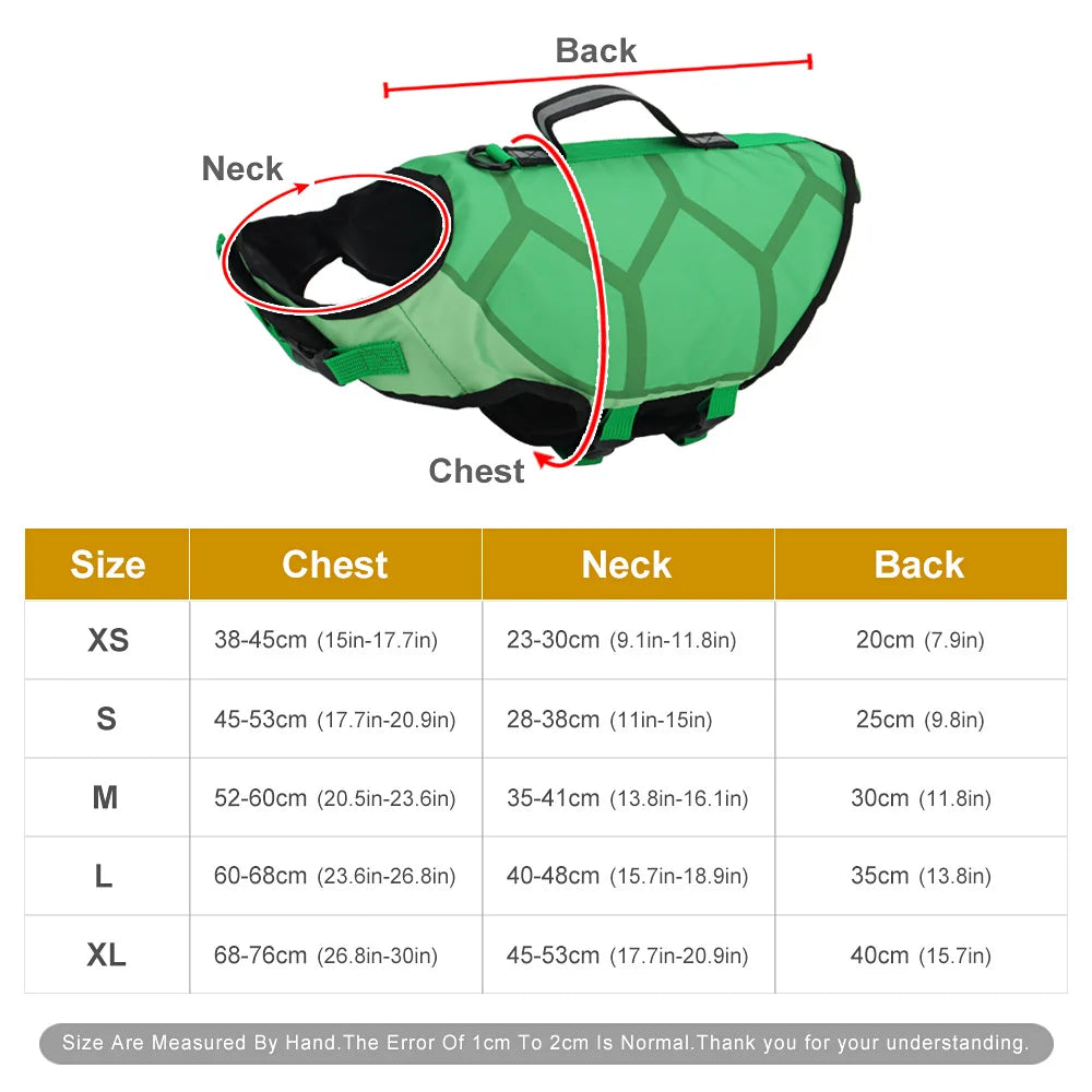 Green Turtle Canine Life Jacket - Durable Dog Swim Vest with Rescue Handle, US Coast Guard Approved