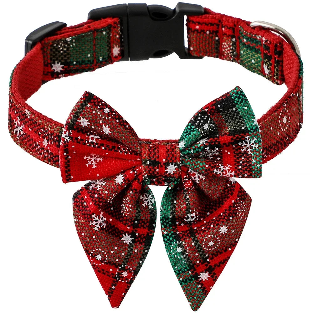 Dog Bow Tie Collar: Christmas Snowflake Cotton Pet Neckwear