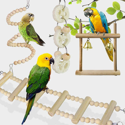 Bird Cage Toys for Parrots Wood Birds Swing Hanging Chewing Bite Rack Toys Beads Shape Parrot Toy