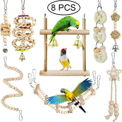 Bird Cage Toys for Parrots Wood Birds Swing Hanging Chewing Bite Rack Toys Beads Shape Parrot Toy