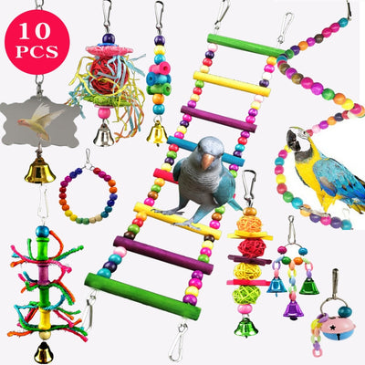 Bird Cage Toys for Parrots Wood Birds Swing Hanging Chewing Bite Rack Toys Beads Shape Parrot Toy