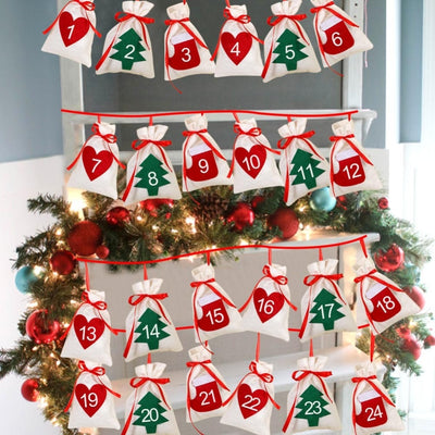 OurWarm 31pcs Fabric Christmas Countdown Advent Calendar Candy Bags Hanging New Year Gift