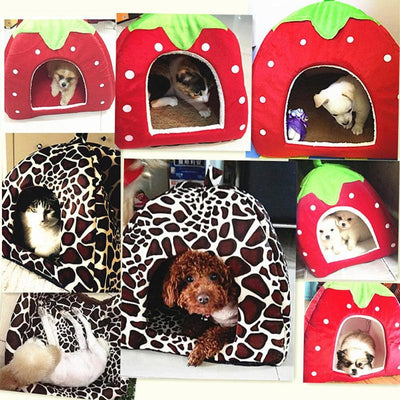 Basket Tent House Cushion Kennel Pet-Product Cave Warm Leopard Winter Doggy Bed Strawberry