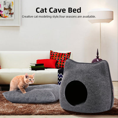 Cat Bed Bed-House Cushion Pets Pet-Cave Felt Detachable with for Dark-Gray Natural