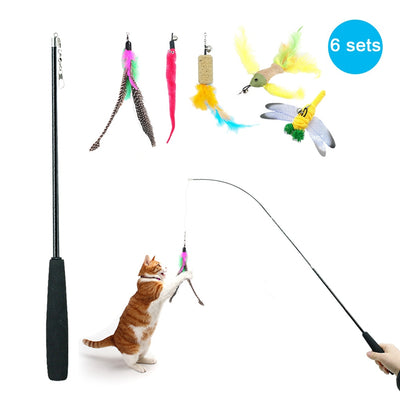 Cat Scratcher Toys Wand Teaser Fish-Feather Kitten Interactive with 5pcs Replacement-Head