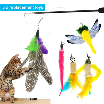 Cat Scratcher Toys Wand Teaser Fish-Feather Kitten Interactive with 5pcs Replacement-Head